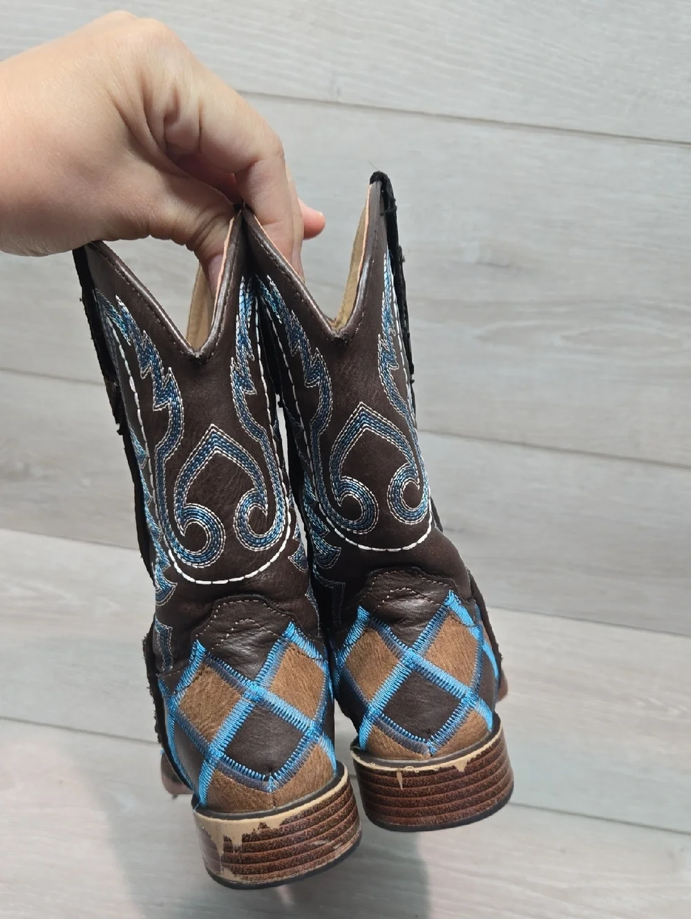 Roper Kids Girl Tall Leather Western Boots with Blue Stitch Plaid Shoes Sz 11